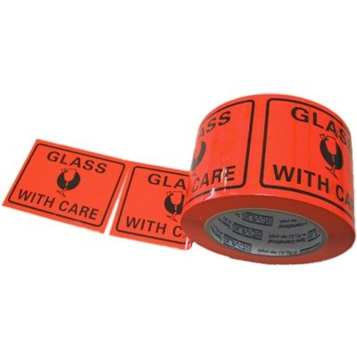Printed Label Tape 'Glass With Care' Fluro Orange.