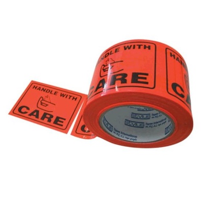 Printed Label Tape 'Handle With Care' Fluro Orange.